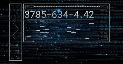 Futuristic hud dashboard displaying numeric sequence and waveform over digital data matrix