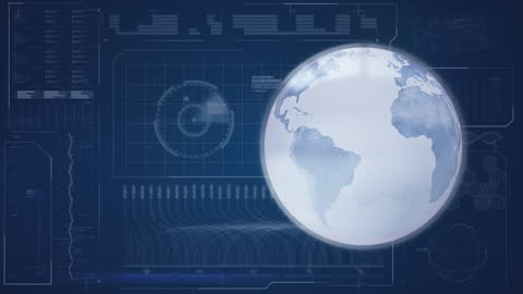 Digital Globe with Futuristic Data Interface on Blue Background