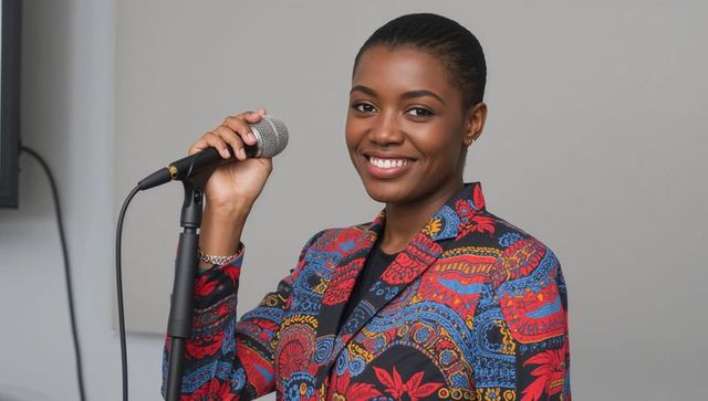Smiling female presenter holding microphone on stand wearing vibrant patterned blazer