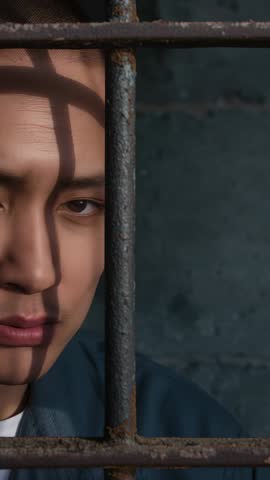 Pensive Asian man gazing through rusty bars in moody vertical video