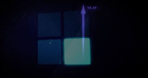 Glowing 2x2 grid showing cyan tile and rising purple arrow marking 73.17