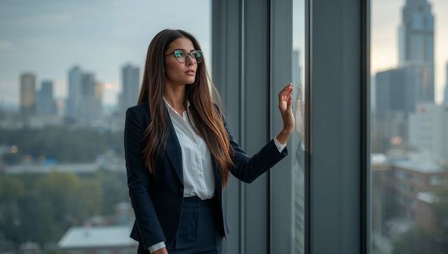 Executive businesswoman gazing out window in highrise office wearing navy suit and glasses