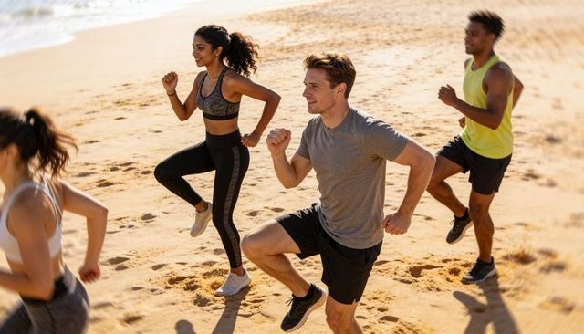 Group doing high-knee beach workout at sunrise outdoor cardio training and team fitness