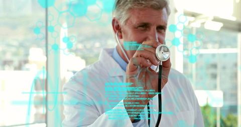 Senior Doctor Holding Stethoscope with Futuristic Holographic Medical Interface Sunlit Clinic
