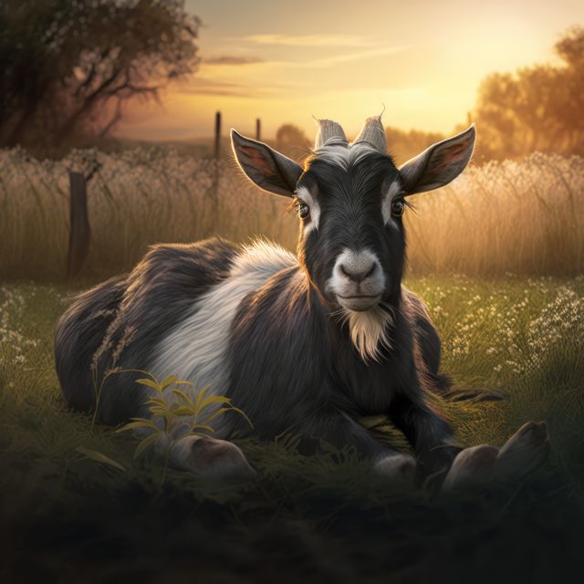 This serene image captures a goat relaxing in a sunlit meadow during sunset. Ideal for use in nature-themed projects, rural life contexts, animal-related content, and promoting tranquility and simplicity in lifestyle or agricultural narratives.