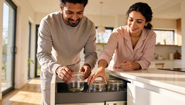 Couple organizing glass clamp jars in sunlit modern kitchen island drawer