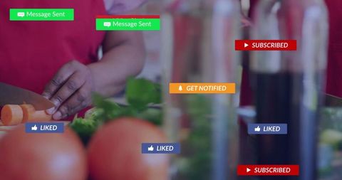 Woman chopping carrot with social media notifications overlaying vibrant home kitchen scene