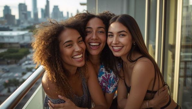 Three young women friends laughing on high-rise balcony at golden hour with city skyline