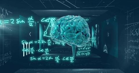 Holographic Brain Projecting Neon Equations in Futuristic Cyber Corridor with Teal Glow