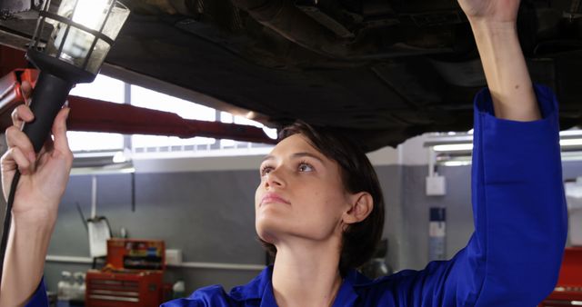 Female Mechanic Inspecting Underneath Car in Garage - Download Free Stock Images Pikwizard.com