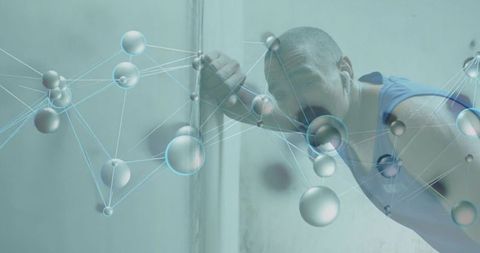 Athlete leaning on pole with futuristic network overlay in minimalist teal interior