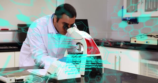 Scientist Examining Slides Through Microscope with Digital Data Overlay - Download Free Stock Images Pikwizard.com