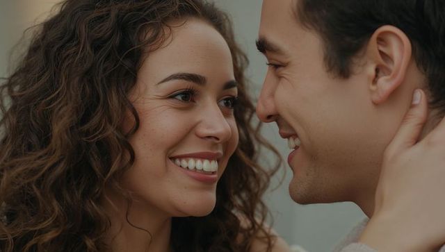 Couple sharing intimate smile while holding faces close and making eye contact