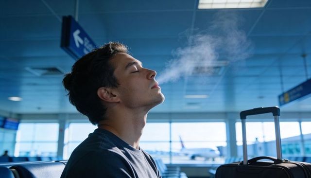 Young man exhaling visible breath while waiting at airport gate with carry-on luggage