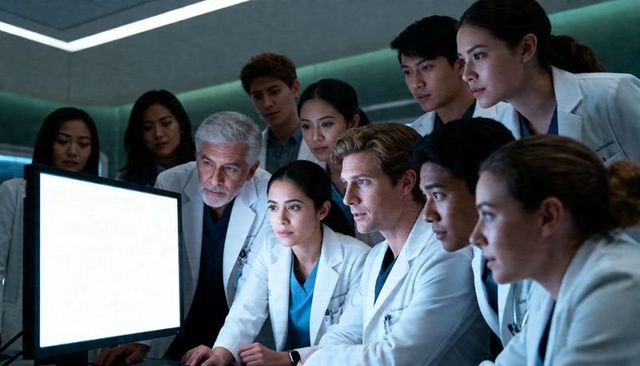 Medical team collaborating over bright monitor reviewing complex case in clinical conference