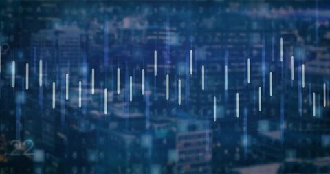 Pulsing digital waveform overlaying city skyline at dusk representing data analytics trends