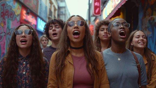 Dynamic Group of Friends Singing in Colorful City Alley