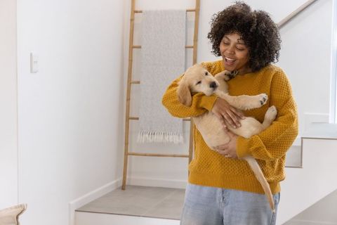 African american woman holding golden retriever puppy on home landing in mustard sweater