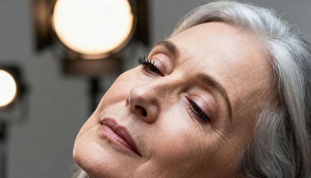 Elegant mature woman tilting head back with closed eyes showcasing lashes and radiant skin