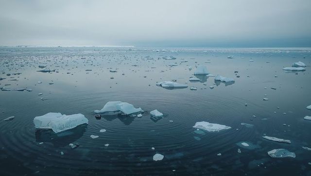 Arctic ice floes drifting on glassy polar sea with concentric ripples and misty horizon