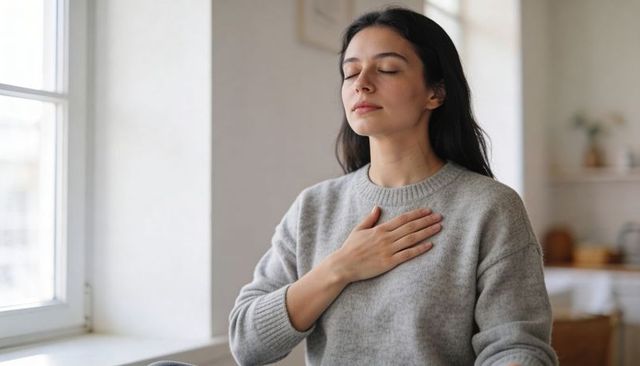 Mindful breathing woman by window in cozy gray sweater for home wellness and calm