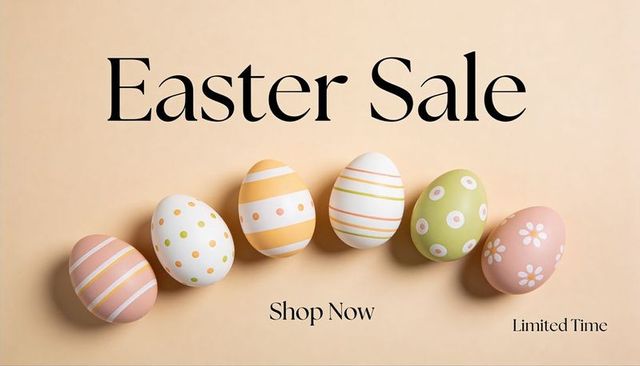 Easter sale pastel painted eggs on minimal beige backdrop with shop now call-to-action