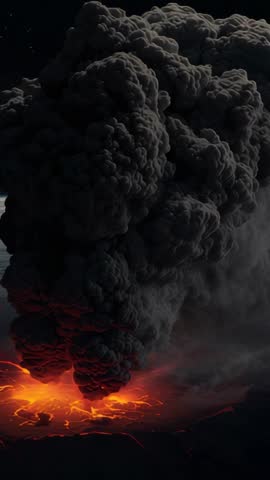 Crater Releasing Pressure and Erupting at Night with Glowing Lava and Massive Ash Plume