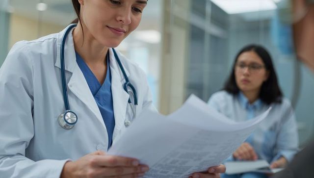 Female doctor reviewing patient reports and medical charts in clinic with stethoscope