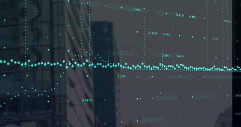 Animated Data Points Overlay on Modern Cityscape