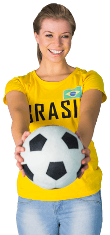 Cheerful Female Football Fan Holding Ball Transparent Background