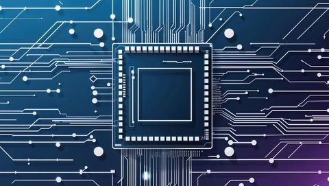 Futuristic microchip central on circuit board with digital traces