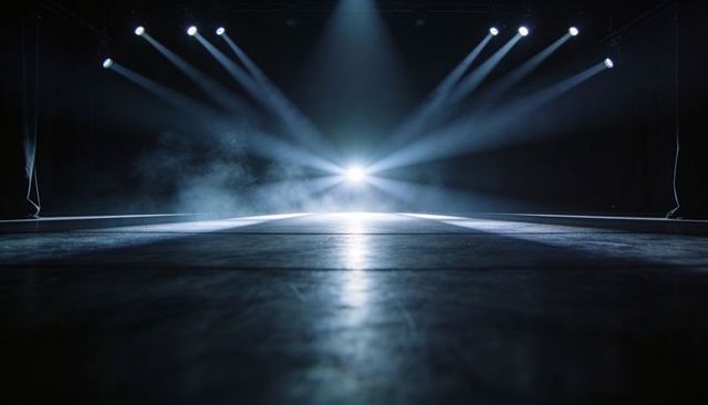 Centered Spotlight Illuminating Polished Stage Floor with Dramatic Blue Haze and Rigging