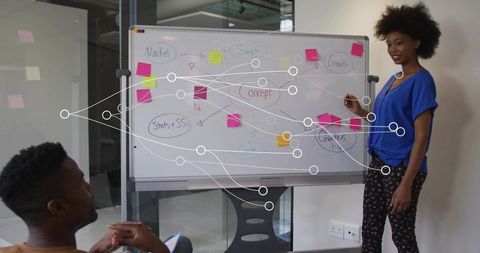 Woman Presenting on Whiteboard in Modern Office Meeting