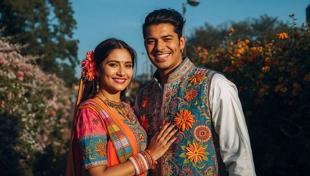 Smiling indian couple wearing embroidered ethnicwear in golden hour garden portrait