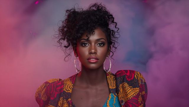 Elegant Model in Vibrant Attire with Hoops Amid Purple Smoke
