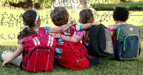 Children with backpacks embracing, mathematical equations overlay