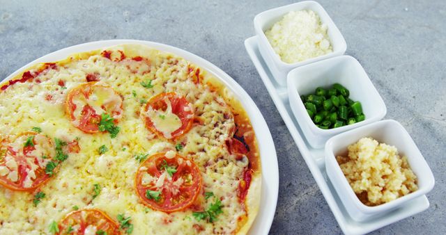A colorful tomato and cheese casserole, garnished with green onions and garlic, awaits enjoyment. - Download Free Stock Photos Pikwizard.com