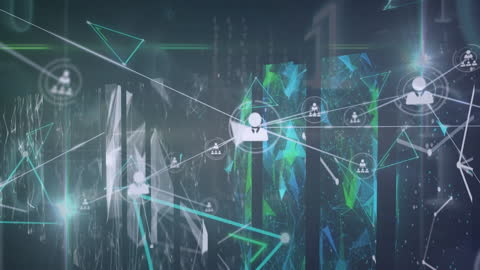 Abstract depiction of network connections with digital icons over a navy background. Abstract shapes emphasize technological communication themes in a virtual space. Useful for illustrating concepts in networking, data visualization, globalization, and advanced technology.