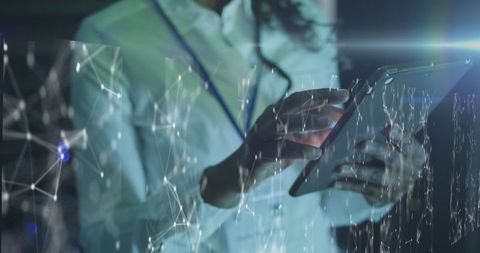 African American Working on Tablet in High-Tech Server Room