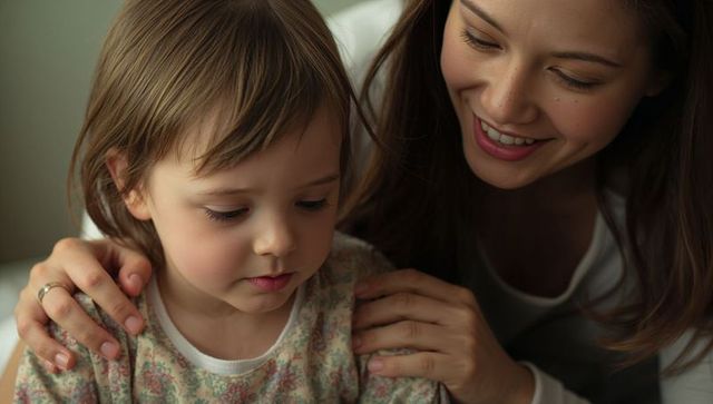 Mother comforting toddler, placing hands on shoulders, smiling maternal bond and nurture