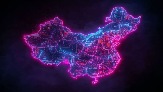 Futuristic Glowing Neon Map of China with Circuit Patterns