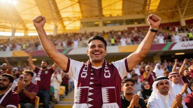 Ecstatic football fan celebrating with maroon scarf under sunlit stadium canopy