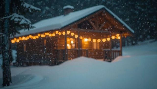 Snowbound log cabin glowing with warm string lights amid falling snow at night
