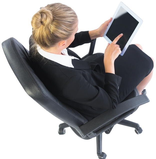 Transparent blonde businesswoman seated in chair using tablet - Download Free Stock Videos Pikwizard.com