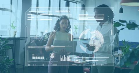 Coworkers Collaborating with Augmented Reality Data Dashboard and Interactive Globe
