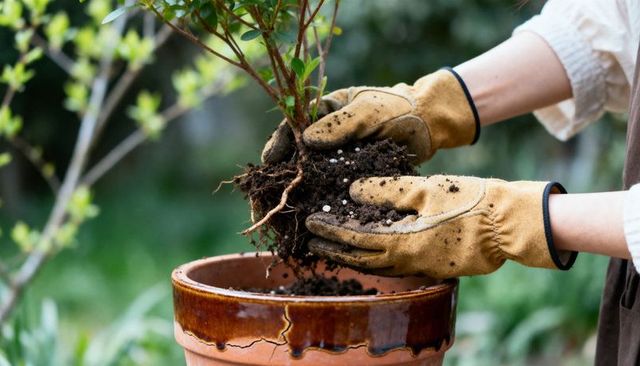 Repotting shrub with gloved hands placing rootball into terracotta pot with visible perlite