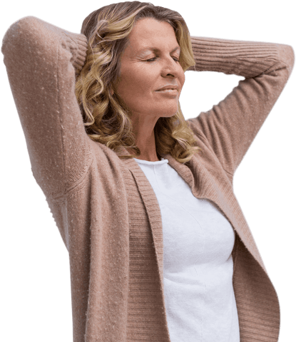 Mature Woman Stretching Arms and Relaxing with Closed Eyes Transparent