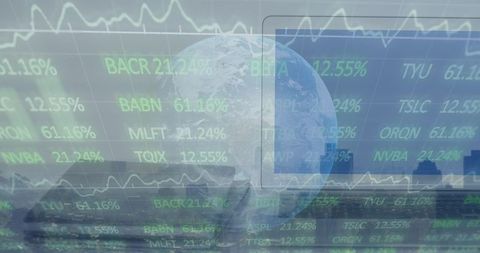 Global economy and urban skyline with financial data overlay