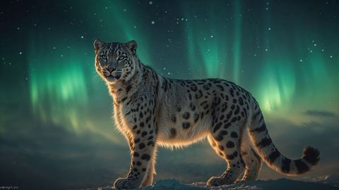 Snow Leopard Under Aurora Borealis atop Snow-Covered Ridge