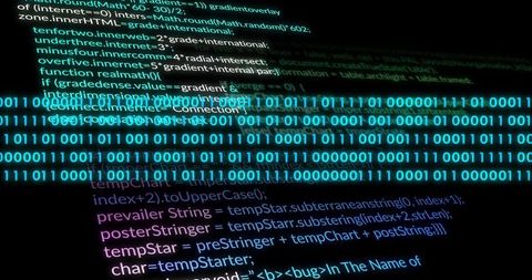 Digital binary code with green and purple programming interface